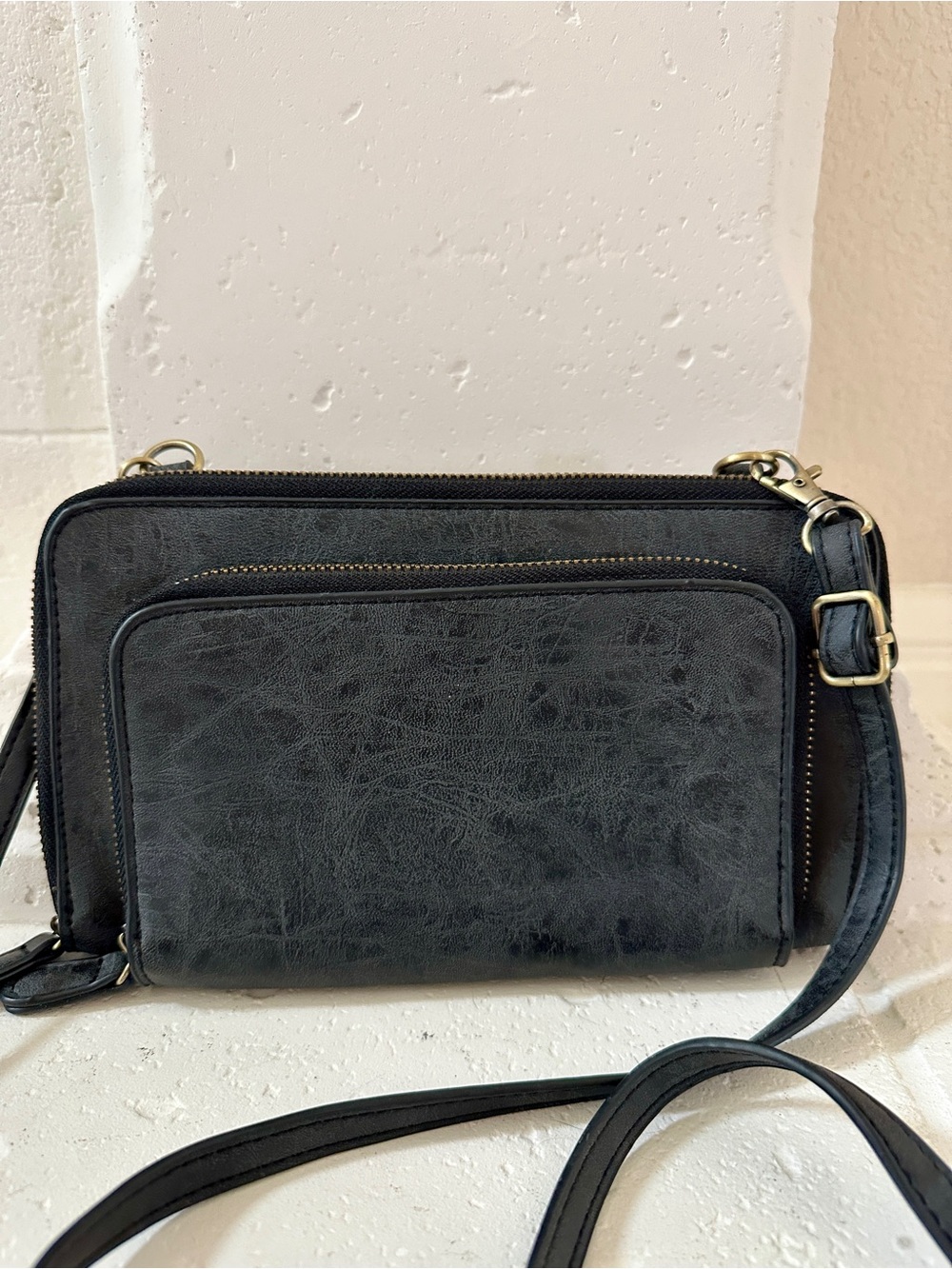 Joy Susan Black Textured Crossbody Wallet with Gold-Tone Hardware